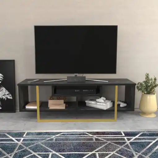 Expediere rapidă Comoda TV Salvador, Model Asal, 120x40.2x35.2 cm, Negru/Auriu