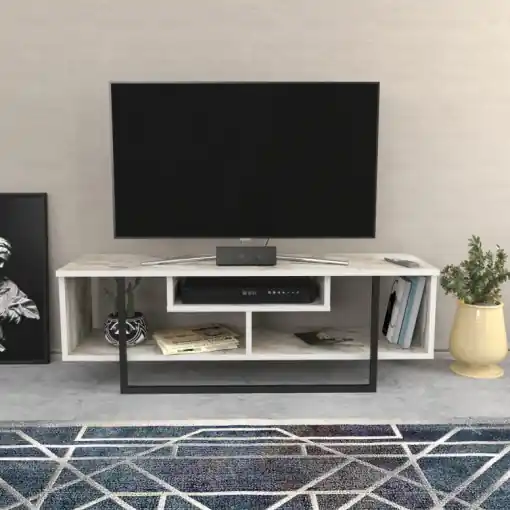 Comoda TV Salvador, Model Asal, 120x40.2x35.2 cm, Alb marmorat/Negru Livrare expres