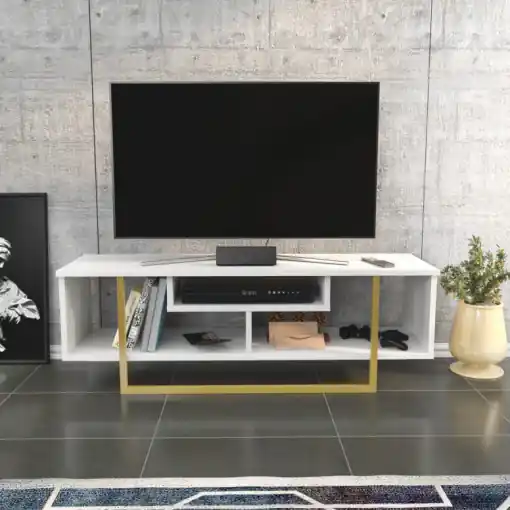 Cel mai bun preț Comoda TV Salvador, Model Asal, 120x40.2x35.2 cm, Auriu/Alb