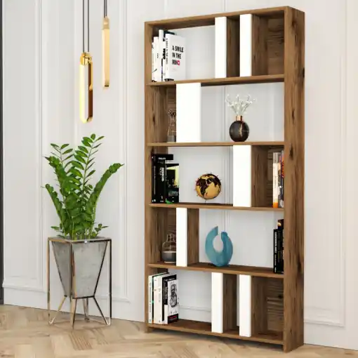 Biblioteca Model Lima V1, Nuc/Alb, 90x180x20 cm Expediere rapidă