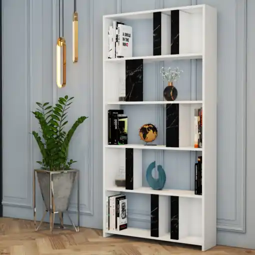 Biblioteca Model Lima, Alb/Negru marmorat, 90x180x20 cm Bestseller
