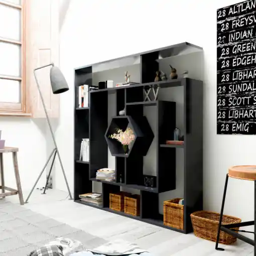 Biblioteca Model Labrina, Negru, 134x22x134 cm Retur ușor