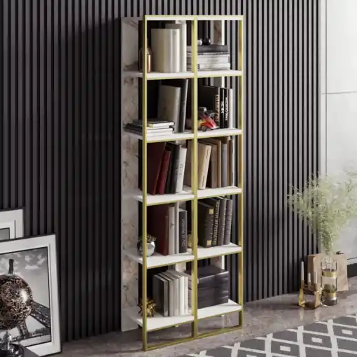 Biblioteca Model Polka, Auriu/Alb, 32,2x31,3x178,5 cm Reduceri