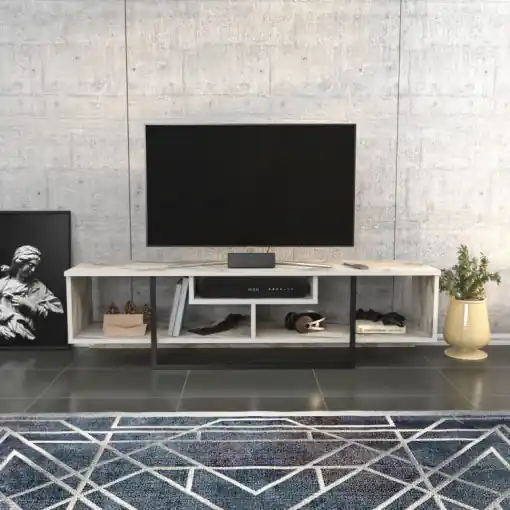 Livrare rapidă Comoda TV Salvador, Model Asal, 150x40x35.2 cm, Negru/Alb marmorat