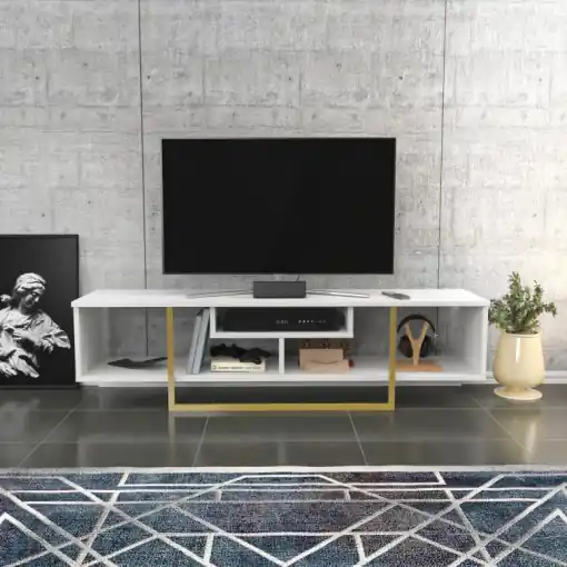 Livrare rapidă Comoda TV Salvador, Model Asal, 150x40x35.2 cm, Alb/Auriu