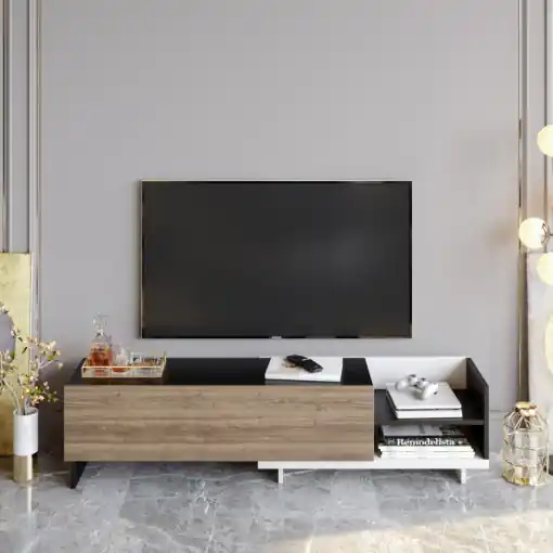 Comoda TV Salvador, Model Parion, 165x41x35 cm, Alb/Negru/Nuc Reducere de preț