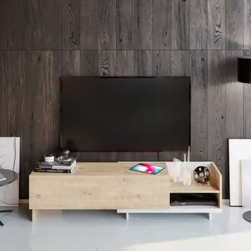 Comoda TV Salvador, Model Parion, 165x41x35 cm, Alb/Stejar safir Preț mic