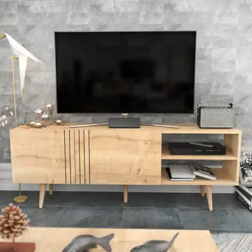 Plată securizată Comoda TV Salvador, Model Ronas, 160x38.6x35 cm, Stejar safir