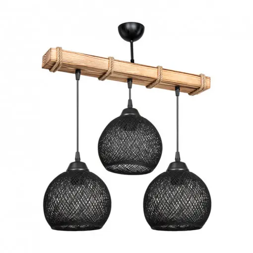Lustra cu trei lumini PWL-1120, E27 negru-natural, 50x20x63 cm Preț promoțional