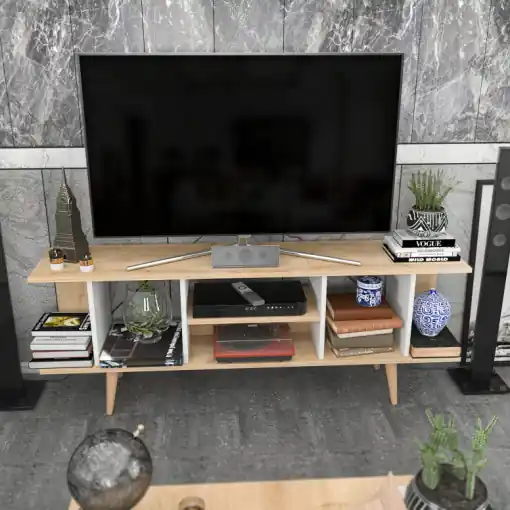 Calitate înaltă Comoda TV Salvador, Model Akya, 160x38.6x35 cm, Stejar safir/Alb