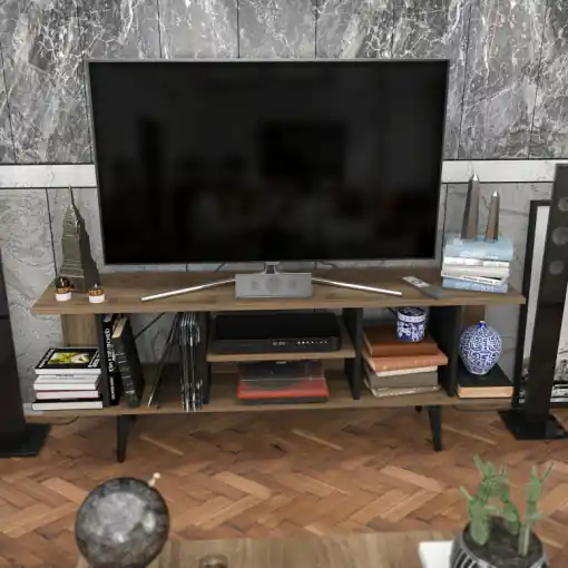 Ofertă exclusivă Comoda TV Salvador, Model Akya, 160x38.6x35 cm, Nuc/Negru