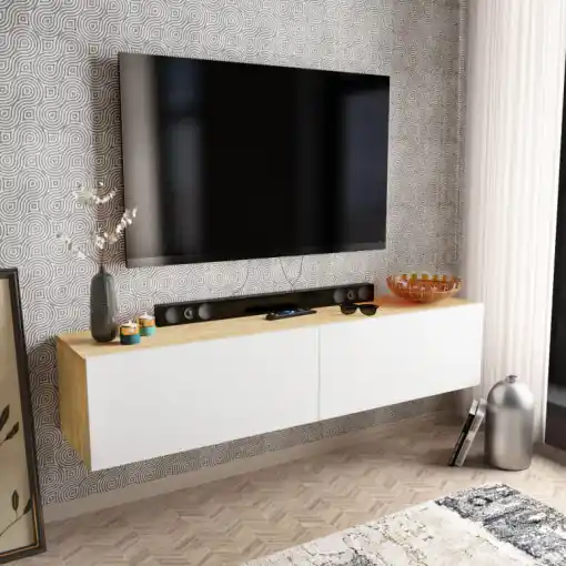 Discount Comoda TV Salvador, Model Poling, 159.7x34.1x36.8 cm, Alb/Stejar safir
