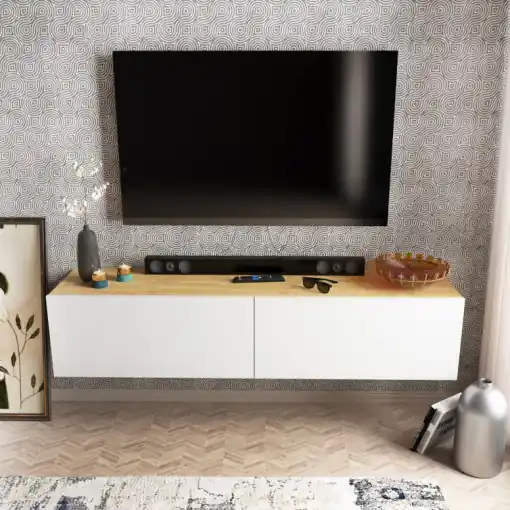 Calitate înaltă Comoda TV Salvador, Model Poling, 159.7x34.1x36.8 cm, Alb/Nuc