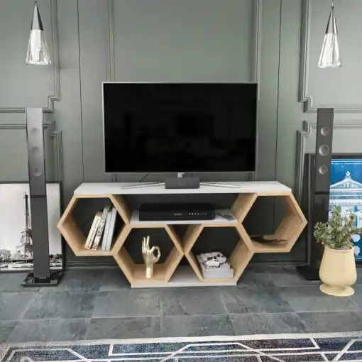 Comoda TV Salvador, Model Bal, 140x55.5x29.6 cm, Alb/Stejar sonoma Preferatul clienților