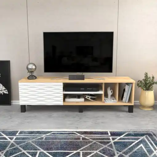 Comoda TV Salvador, Model Olyo, 140x40.3x35 cm, Stejar safir/Alb Popular
