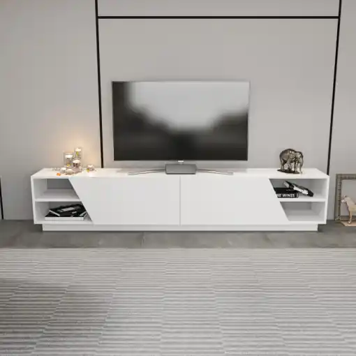 Comoda TV Salvador, Model Rhodes, 240x47.4x37.1 cm, Alb Cel mai bun preț