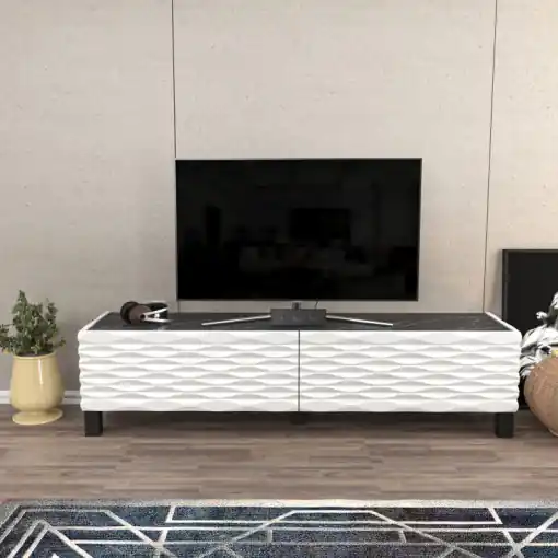 Comoda TV Salvador, Model Lerze, 149.2x38x35 cm, Alb/Negru Disponibil imediat