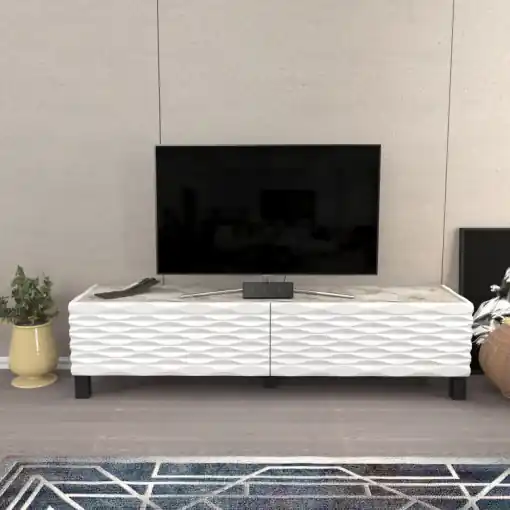 Comoda TV Salvador, Model Lerze, 149.2x38x35 cm, Alb/Alb marmorat Retur ușor