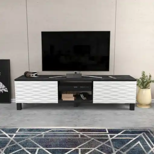 Discount Comoda TV Salvador, Model Linda, 150x40.3x35 cm, Negru/Alb