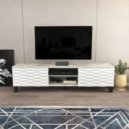 Comoda TV Salvador, Model Linda, 150x40.3x35 cm, Alb marmorat/Alb Reducere de preț