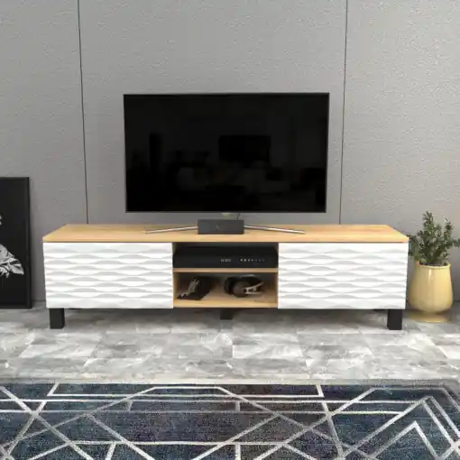 Comoda TV Salvador, Model Linda, 150x40.3x35 cm, Stejar safir/Alb Popular