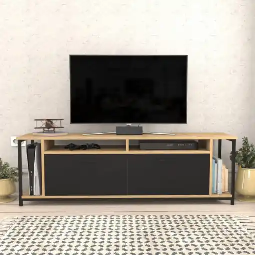 Comoda TV Salvador, Model Omar, 160x50.8x35 cm, Stejar/Negru Ofertă