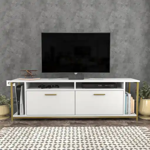 Comoda TV Salvador, Model Omar, 160x50.8x35 cm, Alb/Auriu Ultima șansă