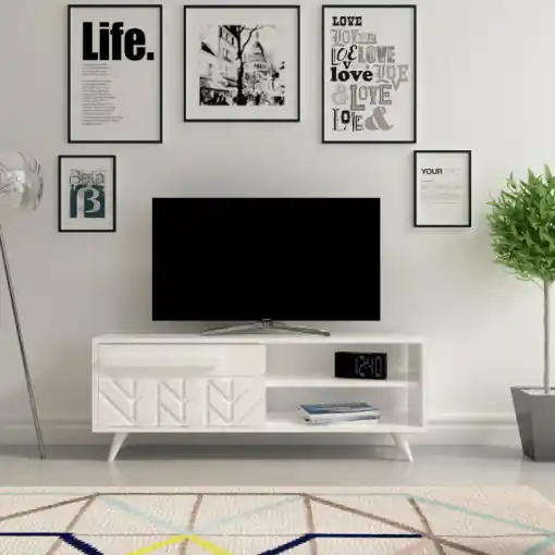 Comoda TV Salvador, Model Venedik, 120x43.7x29.5 cm, Alb Ofertă exclusivă