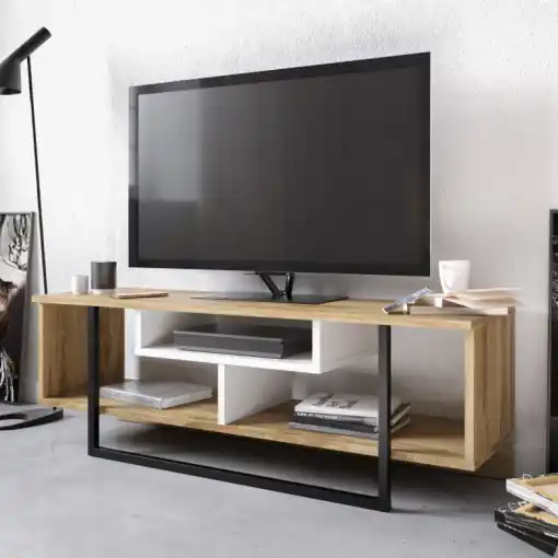 Comoda TV Salvador, Model Asal, 119.4x40.2x35.2 cm, Stejar/Alb/Negru Reducere