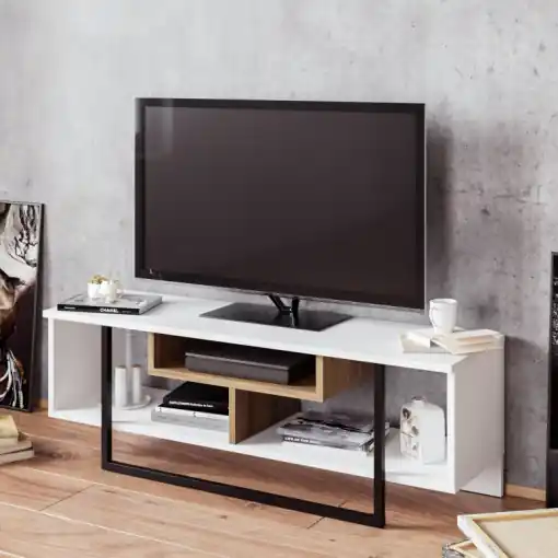 Cumpărături sigure Comoda TV Salvador, Model Asal, 119.4x40.2x35.2 cm, Alb/Stejar/Negru
