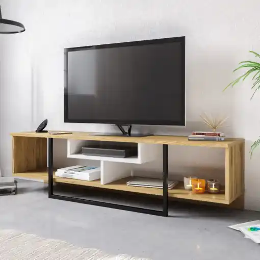 Comoda TV Salvador, Model Asal, 149.4x40.2x35.2 cm, Stejar/Alb/Negru Retur ușor