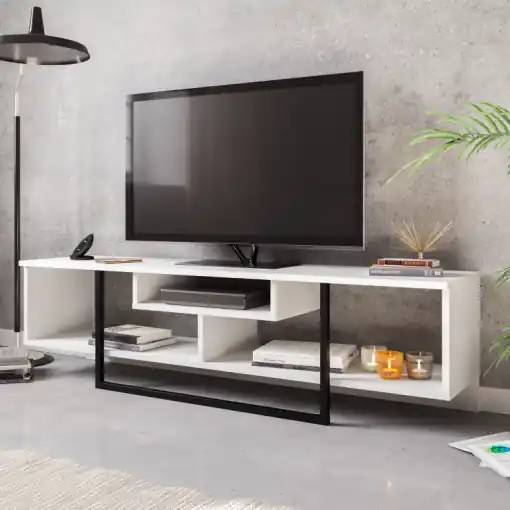 Comoda TV Salvador, Model Asal, 149.4x40.2x35.2 cm, Alb/Negru Ofertă specială