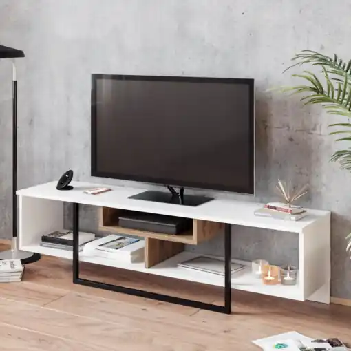 Reducere Comoda TV Salvador, Model Asal, 149.4x40.2x35.2 cm, Alb/Stejar/Negru