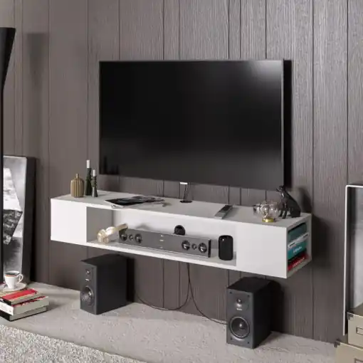 Preț promoțional Comoda TV Salvador, Model Peti, 135x23x35.2 cm, Alb