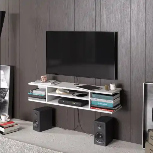 Comoda TV Salvador, Model Pivot, 120x23x29.5 cm, Alb Doar azi