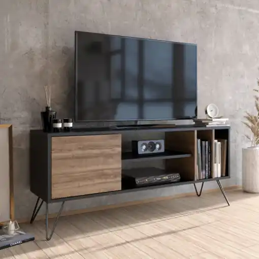 Plată sigură Comoda TV Salvador, Model Mistico, 140x58.7x35.5 cm, Nuc/Negru