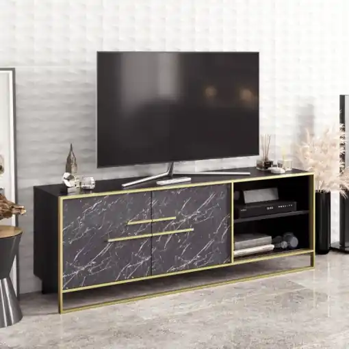Comoda TV Salvador, Model Polka, 160x56.6x38.5 cm, Negru Ofertă de sezon