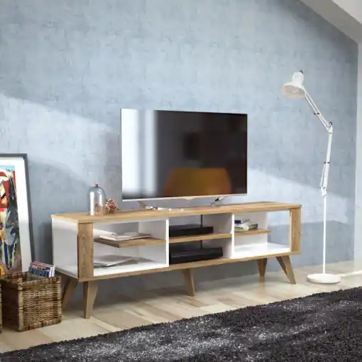 Lichidare de stoc Comoda TV Salvador, Model Ionis, 160x52.5x35 cm, Alb/Nuc