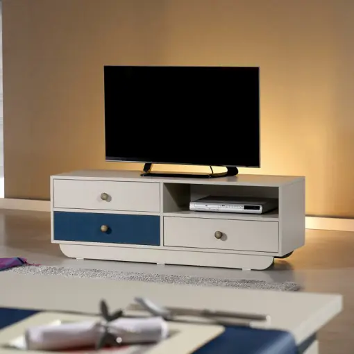 Comoda TV Salvador, Model Casablanca, 140x48x41 cm, Alb/Albastru Retur gratuit