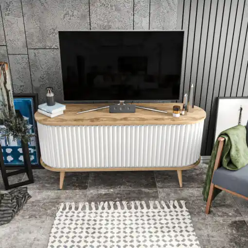 Plată sigură Comoda TV Salvador, Model Stor, 140x64x43 cm, Stejar/Alb