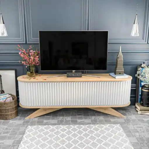 Reducere Comoda TV Salvador, Model Stor, 180x60x43 cm, Stejar safir/Alb