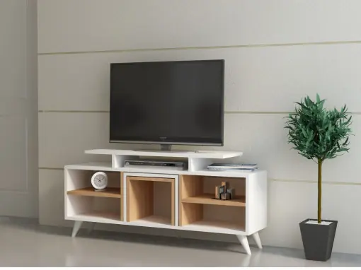 Comoda TV Salvador, Model Kutay, 120x56.9x29.5 cm, Alb/Tec Reduceri