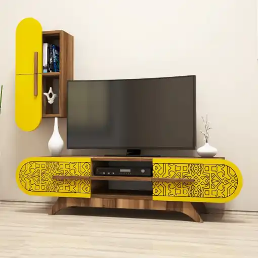 Preț promoțional Comoda TV Defne - Walnut, Yellow