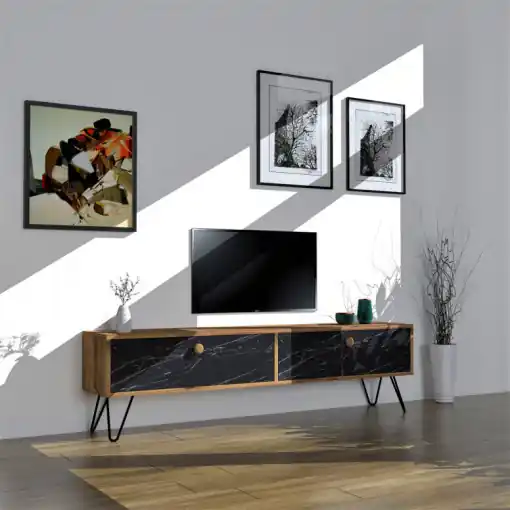 Super ofertă Comoda TV Salvador, Model Side, 160x45x29.6 cm, Pin atlantic/Negru marmorat