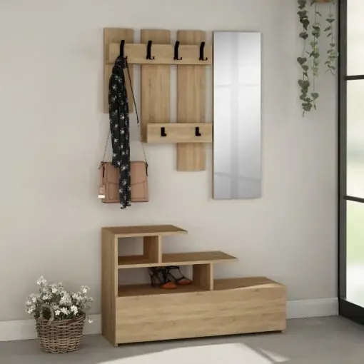 Ofertă de sezon Cuier de hol cu dulap Model Vesty, Stejar, 100x30x61 cm