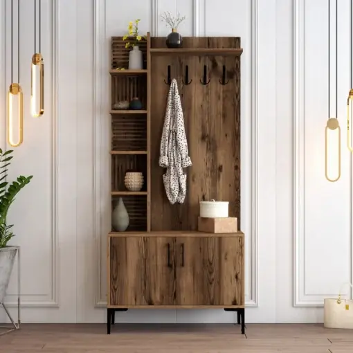 Cuier cu rafturi Model Viyana, Nuc, 90x35x200 cm Reducere specială