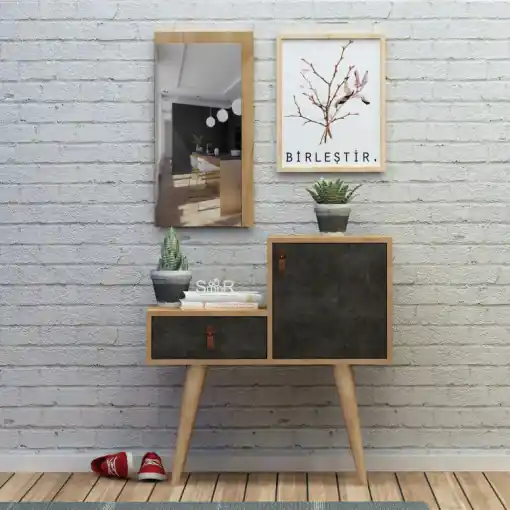 Cuier de hol cu dulap Model Janna, Stejar/Gri inchis, 80x40x80 cm Retur ușor