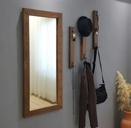 Cumpărături sigure Cuier cu oglinda Model Hunter, Nuc, 68x6x110 cm