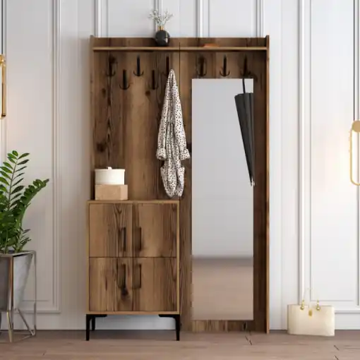 Lichidare de stoc Cuier hol cu dulap Model Berlin, Nuc, 120x35x200 cm