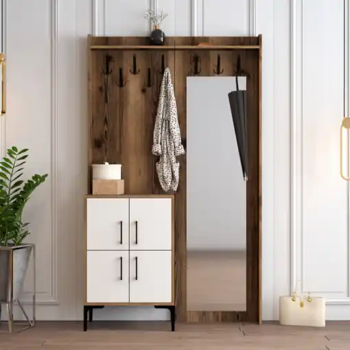 Cuier hol cu dulap Model Berlin, Nuc/Alb, 120x35x200 cm Livrare expres